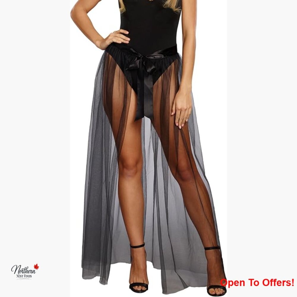 Sheer Tie-Front Maxi Skirt with Satin Waistband, 100% Polyester Tulle